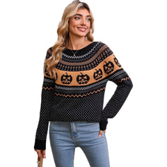 Women's Halloween Pumpkin Embroidered Retro Long-sleeved Sweater
