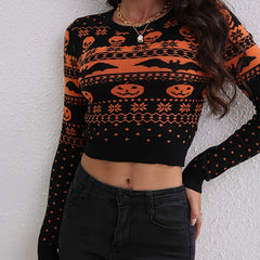 Women's Contrast Color Jacquard Fashion Round Neck Sweater