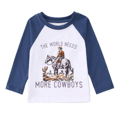 Toddler Cowboy Shirt Baby Boy Rodeo Western Graphic Letter Raglan Long Sleeve T-Shirt Kids Funny Cowboys Tees Tops(Blue12-18M(80))